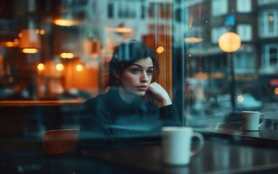 Eine junge Frau sitzt in einem Café und denkt über ihre emotionalen Abhängigkeit und Wege daraus zu Autonomie