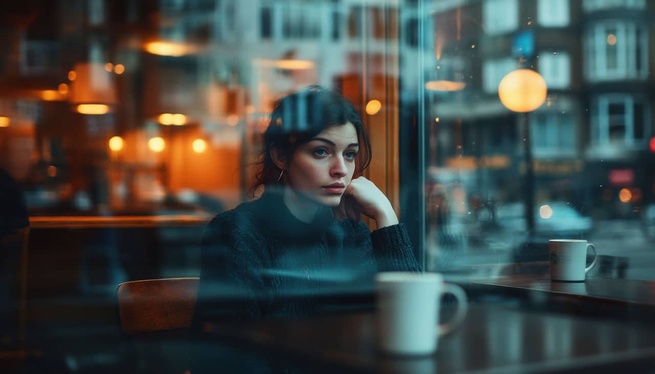 Eine junge Frau sitzt in einem Café und denkt über ihre emotionalen Abhängigkeit und Wege daraus zu Autonomie