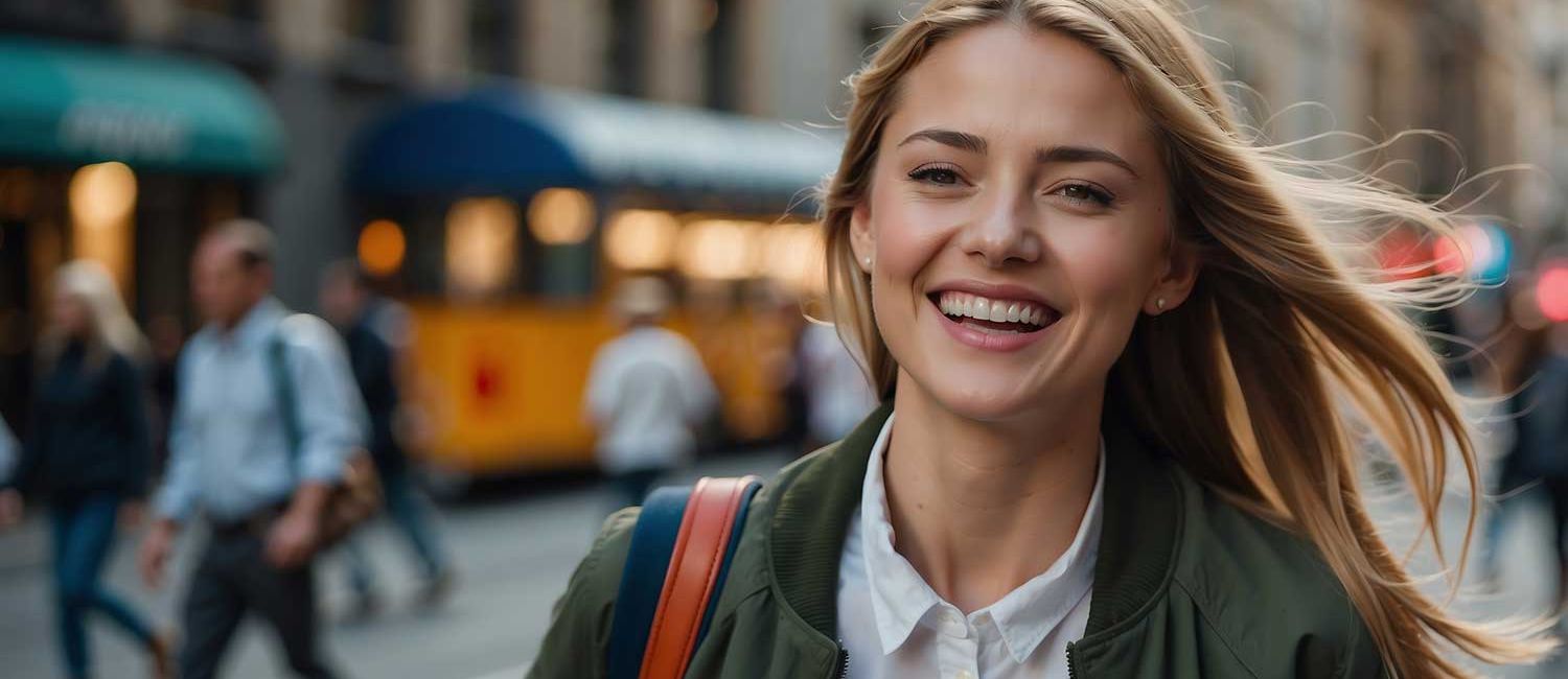 Ein junges Mädchen mit langen blonden Haaren, breites Lächeln, eine weiße Bluse und eine dunkelgrüne Jacke. Im Hintergrund sieht man die Straßenbahn und Menschen, die unterwegs sind.