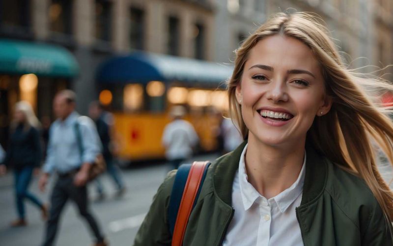 Ein junges Mädchen mit langen blonden Haaren, breites Lächeln, eine weiße Bluse und eine dunkelgrüne Jacke. Im Hintergrund sieht man die Straßenbahn und Menschen, die unterwegs sind.
