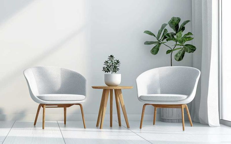 wei weiße stühle stehen im Raum, dazwischen ein kleiner Tisch mit einen blumentopf darau. Dahinter eine große grüne Pflaze.